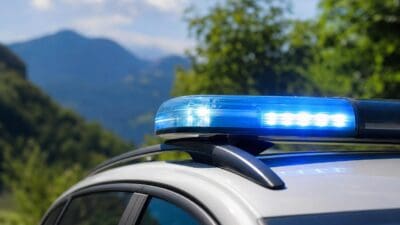 Nahaufnahme eines blauen Blaulichts auf dem Dach eines Polizeifahrzeugs mit Bergen im Hintergrund