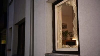 Zerbrochenes Fenster mit großen Glassplittern in einer weißen Wand bei Nacht