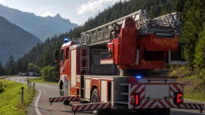 Rotes Feuerwehrfahrzeug mit Drehleiter und Blaulicht auf einer kurvenreichen Straße in den Bergen.