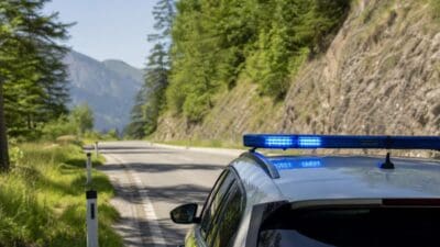 Silbernes Einsatzfahrzeug mit blauem Blaulicht auf einer Bergstraße in bewaldeter Landschaft