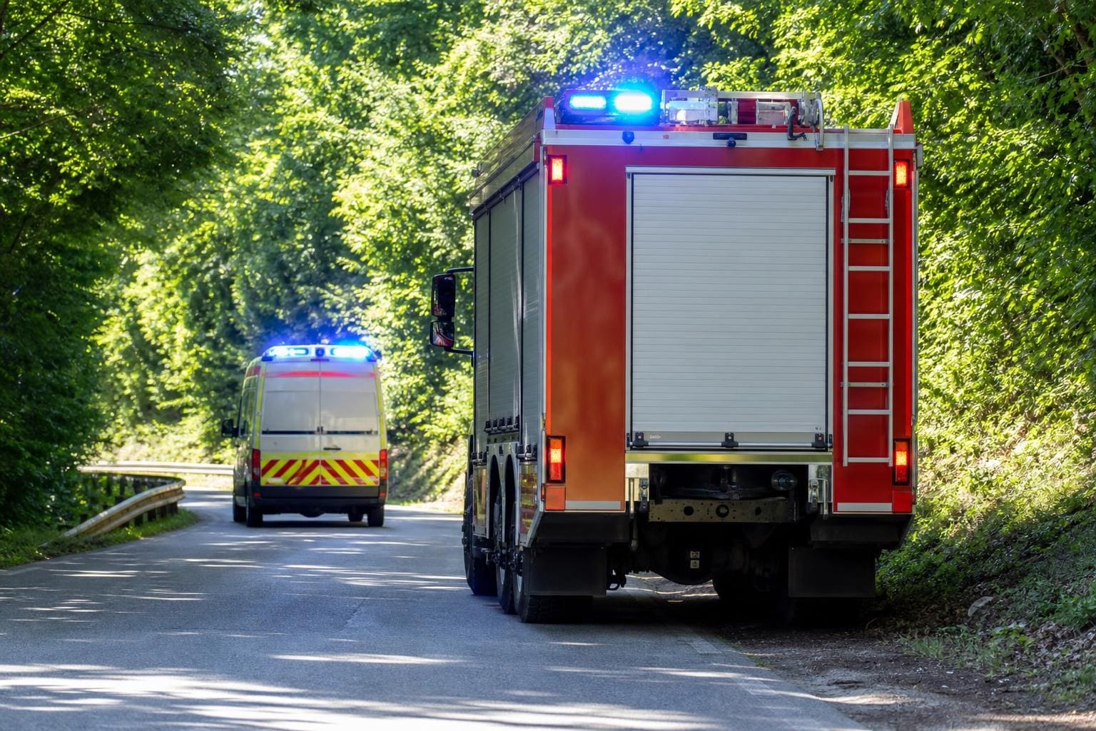 Rotes Feuerwehrfahrzeug und gelber Rettungswagen mit Blaulicht auf einer Waldstraße