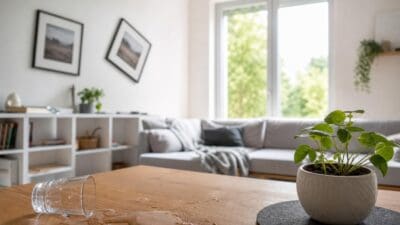 Umgekippter Glasbecher mit Wasserlache auf Holztisch neben Topfpflanze in Wohnzimmer mit Sofa im Hintergrund
