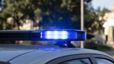Nahaufnahme eines leuchtenden blauen Blaulichts auf einem Polizeifahrzeug