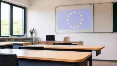 Leeres Klassenzimmer mit Holztischen, Stühlen und einer Leinwand mit projizierter EU-Flagge.