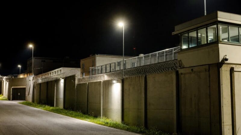 Nächtliche Ansicht einer Gefängnismauer mit Stacheldraht, Wachturm und Straßenbeleuchtung.