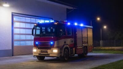 Ein rotes und weißes Feuerwehrfahrzeug mit blauen Blaulichtern vor einer Garage bei Nacht