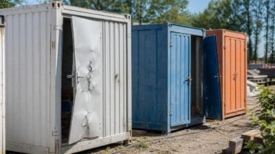 Aufgebrochene Baustellencontainer in Weiß, Blau und Orange mit offenen und beschädigten Türen auf einem Gelände.
