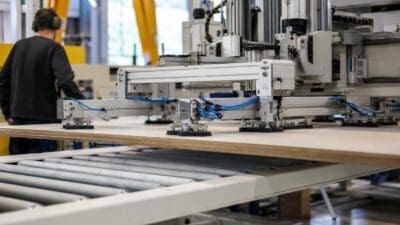 Mann mit Gehörschutz steht neben einer automatisierten Holzbearbeitungsmaschine mit Sauggreifern an Holzplatten