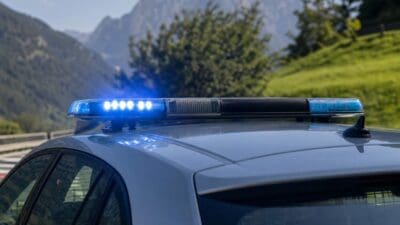 Das eingeschaltete Blaulicht eines Polizeifahrzeugs vor einer Tiroler Bergkulisse
