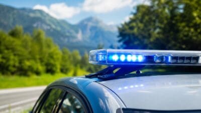 Nahaufnahme eines blauen Blinklichts auf dem Dach eines Polizeifahrzeugs vor Berglandschaft