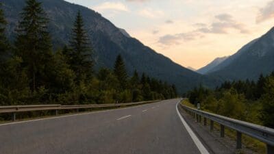 Eine kurvige Landstraße mit Leitplanken führt durch ein bewaldetes Bergtal mit hohen Bergen.