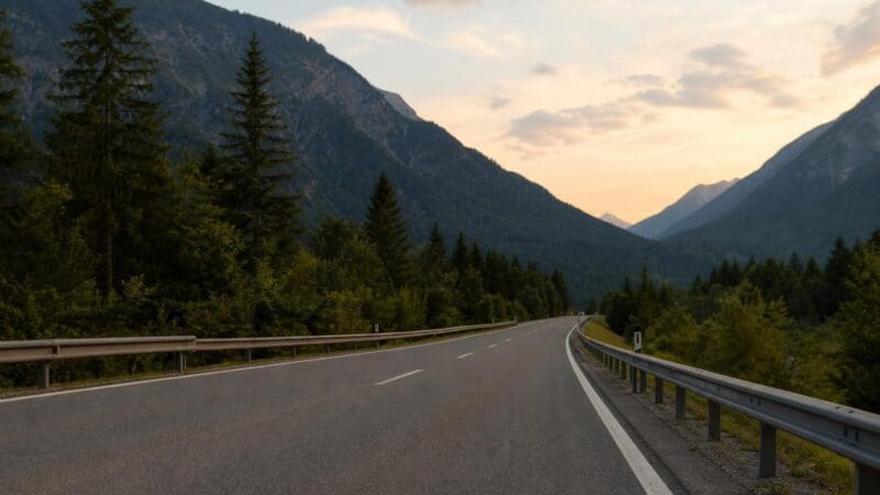 Eine kurvige Landstraße mit Leitplanken führt durch ein bewaldetes Bergtal mit hohen Bergen.