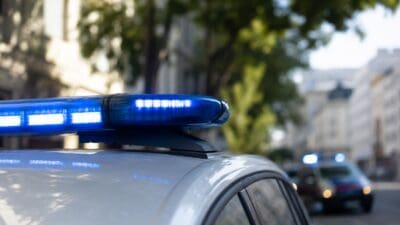 Blaues Blaulicht leuchtet auf dem Dach eines silbernen Polizeiwagens vor unscharfen Gebäuden und Bäumen