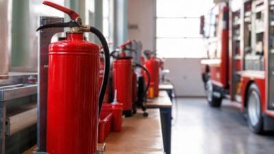 Rote Feuerlöscher sind in einer Reihe auf einem Holztisch in einer Feuerwache aufgestellt.