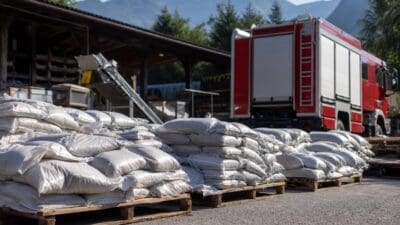 Weiße Sandsäcke auf Holzpaletten vor einem roten Feuerwehrfahrzeug in Arzl