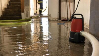 Roter Nasssauger pumpt Wasser aus einem überfluteten Flur eines Gebäudes mit Feuerwehrmann im Hintergrund