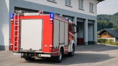 Rotes Feuerwehrfahrzeug mit aktiviertem Blaulicht vor einer Feuerwache in Jenbach.