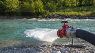 Rote Feuerwehrpumpe mit schwarzem Schlauch pumpt Wasser in einen Fluss