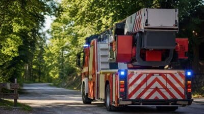 Heckansicht eines roten Feuerwehrfahrzeugs mit blauen Blaulichtern auf einer Waldstraße