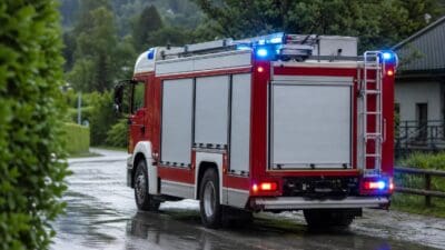 Heck eines roten Feuerwehrfahrzeugs mit blauem Blaulicht auf nasser Straße