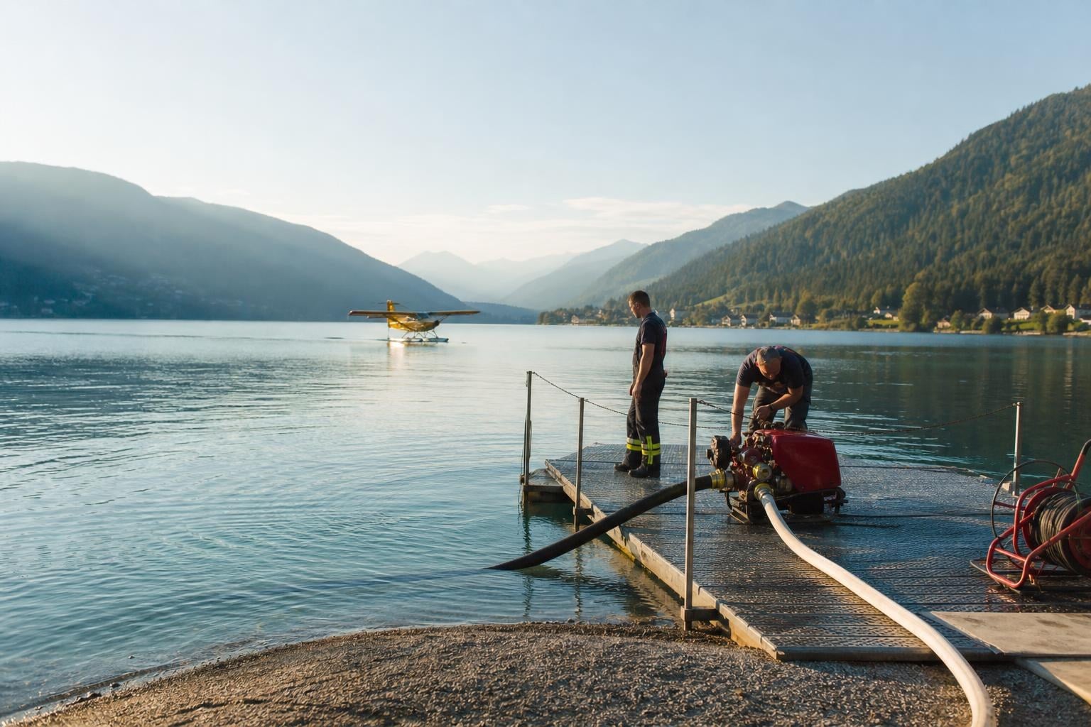 Zwei Feuerwehrleute bedienen eine rote Pumpe auf einem Steg am Weißensee mit einem Wasserflugzeug im Hintergrund