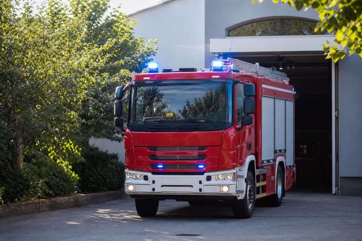 Rotes Feuerwehrfahrzeug mit aktiviertem Blaulicht steht vor einer geöffneten Feuerwehrgarage.