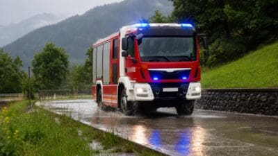 Rotes und weißes Feuerwehrfahrzeug mit blauem Blaulicht fährt durch Pfützen auf nasser Straße
