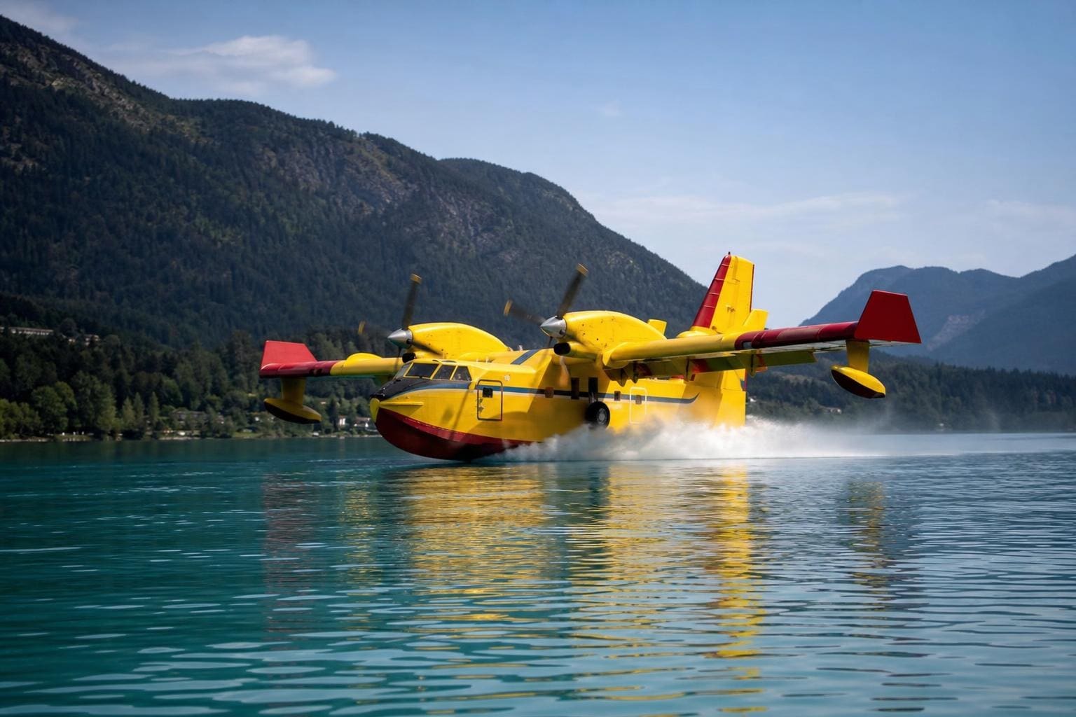Gelbes Löschflugzeug auf dem türkisfarbenen Wasser des Weißensees mit Bergen im Hintergrund