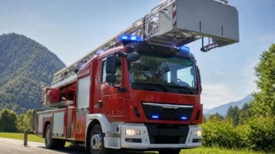 Rotes Feuerwehrfahrzeug mit ausgefahrener Drehleiter und blauen Blaulichtern auf einer Landstraße