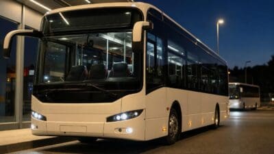 Weißer Bus mit leuchtenden Scheinwerfern parkt vor einem Gebäude in der Abenddämmerung.