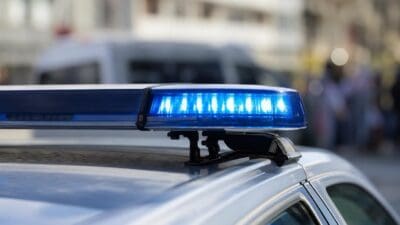Blaues Blaulicht leuchtet auf dem Dach eines Polizeifahrzeugs vor unscharfem Hintergrund