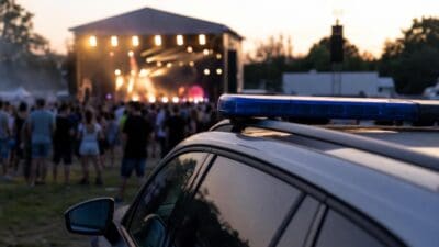 Polizeiwagen mit blauem Blaulicht vor beleuchteter Bühne und Menschenmenge bei einem Open-Air-Festival in der Dämmerung