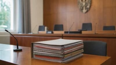 Stapel bunter Akten auf einem Holztisch in einem Gerichtssaal mit Wappen an der Wand