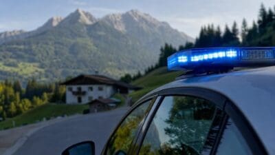 Weißes Polizeifahrzeug mit aktiviertem Blaulicht vor Berglandschaft und Haus