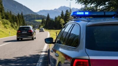 Heck eines Polizeifahrzeugs mit blauem Blaulicht auf einer Landstraße vor Berglandschaft