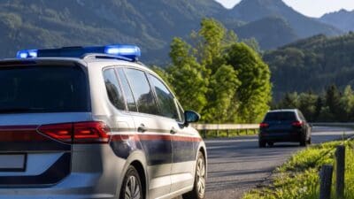 Silbernes Polizeifahrzeug mit rot-blauen Streifen und Blaulicht auf einer Landstraße vor Bergen