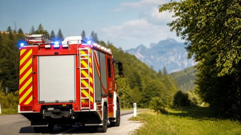 Rückansicht eines roten Feuerwehrfahrzeugs mit gelben Streifen und blauen Blinklichtern auf einer Landstraße vor Bergen.
