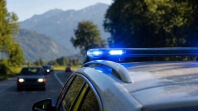 Blaues Blaulicht auf dem Dach eines Polizeifahrzeugs auf einer Straße mit Bergen im Hintergrund