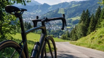 Schwarzes Rennrad auf einer kurvigen Straße mit Blick auf ein Tal und Berge.