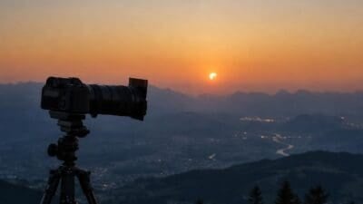 Kamera mit Teleobjektiv auf Stativ vor teilweise verfinsterter Sonne über Berglandschaft