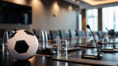 Ein schwarz-weißer Fußball liegt auf einem dunklen Konferenztisch neben einem Glas Wasser und Mikrofonen.