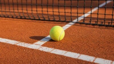 Ein gelber Tennisball liegt auf der roten Sandfläche eines Tennisplatzes an der weißen Linie.