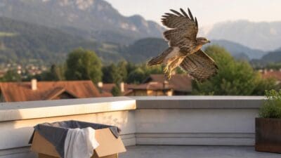 Ein Greifvogel fliegt mit ausgebreiteten Flügeln von einem offenen Karton auf einer Dachterrasse davon.