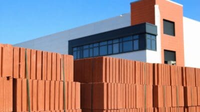 Mehrere Stapel orangeroter Ziegelsteine vor einem modernen Industriegebäude unter blauem Himmel