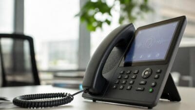 Schwarzes IP-Telefon mit Touchscreen und Sprachwellenform auf einem weißen Tisch