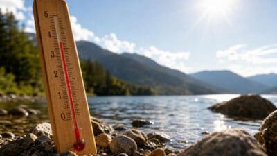 Aufrechtes Thermometer aus Holz mit roter Säule auf kiesigem Boden vor Bergsee und Sonne.