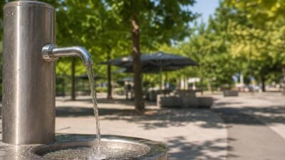 Wasser fließt aus einem Edelstahl-Trinkbrunnen in einem sonnigen Park mit Bäumen und Sitzgelegenheiten im Hintergrund.