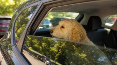 Ein heller Hund schaut aus dem geöffneten Fenster eines dunklen Autos.