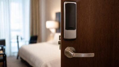 Leicht geöffnete Holztür mit elektronischem Schloss zu einem Hotelzimmer mit Bett im Hintergrund