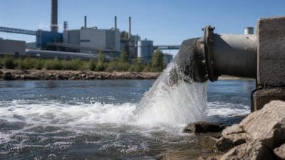 Wasser fließt aus einem Rohr in einen Fluss vor einer Industrieanlage.
